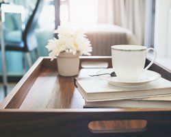 Coffee cup Book white flower on wooden tray Interior decoration